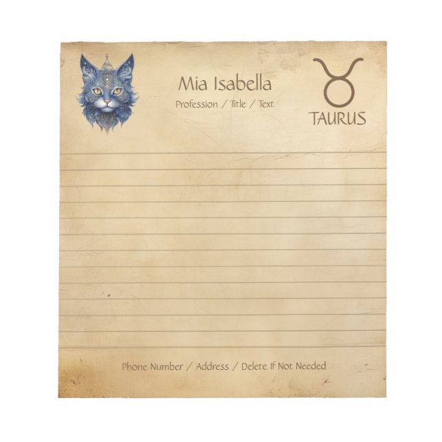 Zodiac Sign Taurus & Celestial Cat Notepad (Front)