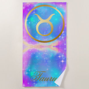 Zodiac Sign Taurus Gold on Colourful Background Beach Towel
