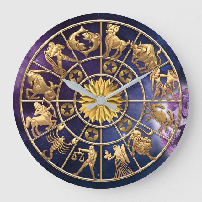 Zodiac Signs Six-Member Family Gold Stars Custom Large Clock (Front)
