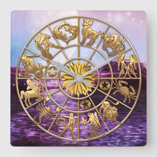 Zodiac Signs Three-Member Family Gold Stars Custom Square Wall Clock (Front)