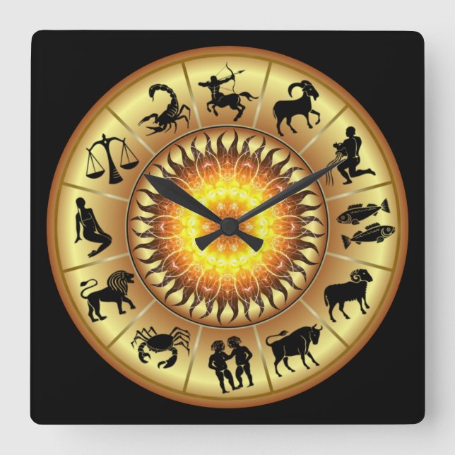 Zodiac Signs ~ Toasted Sun Center ~ Square Wall Clock (Front)