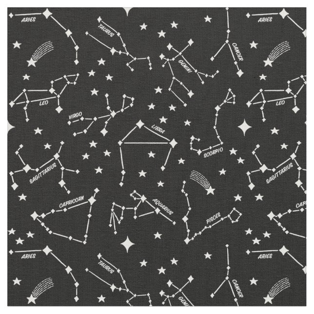 Zodiac Star Maps White On Black Cheeky Witch® Fabric (Close Up)