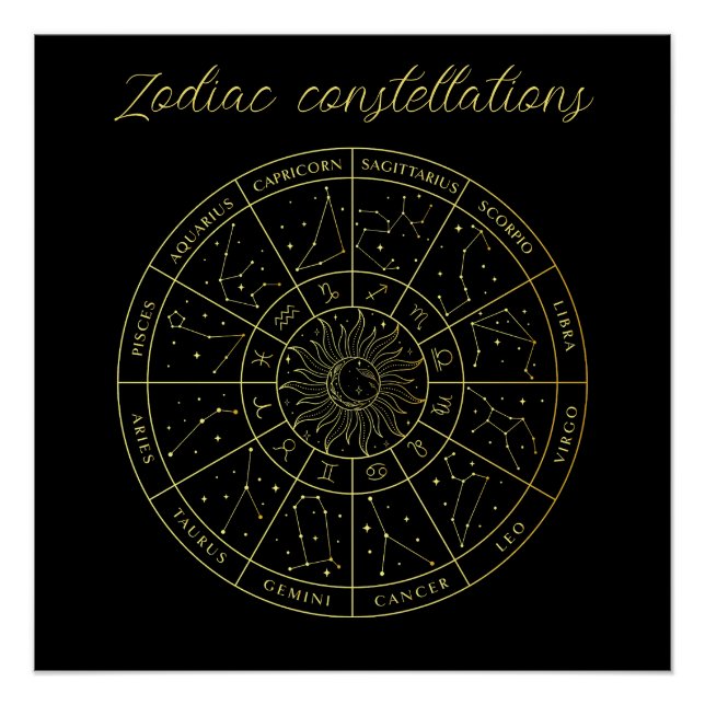 Zodiac star sign horoscope constellations map gold (Front)