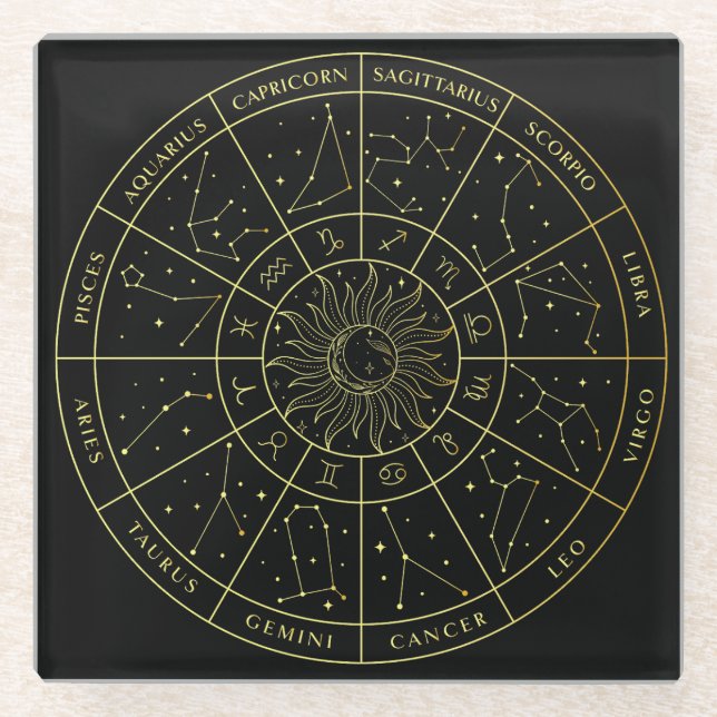 Zodiac star sign horoscope constellations map gold glass coaster (Front)