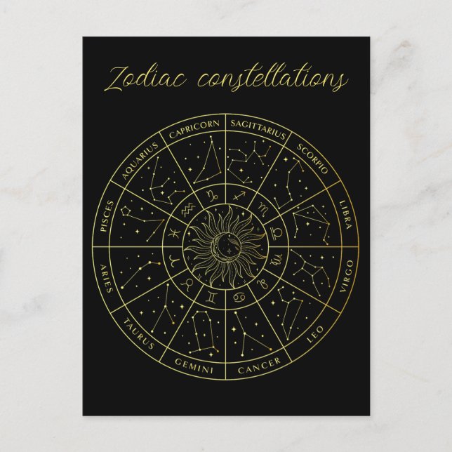 Zodiac star sign horoscope constellations map gold postcard (Front)