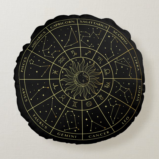 Zodiac star sign horoscope constellations map gold round cushion (Front)