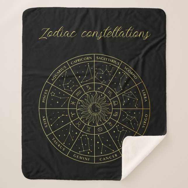 Zodiac star sign horoscope constellations map gold sherpa blanket (Front)