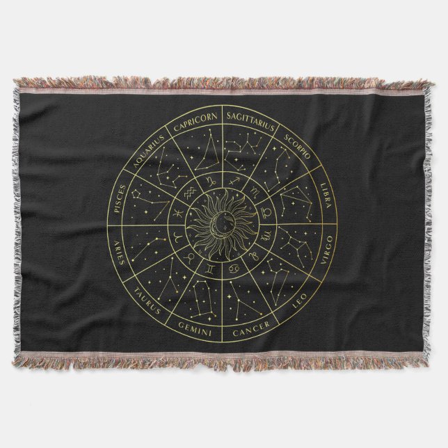 Zodiac star sign horoscope constellations map gold throw blanket (Front)