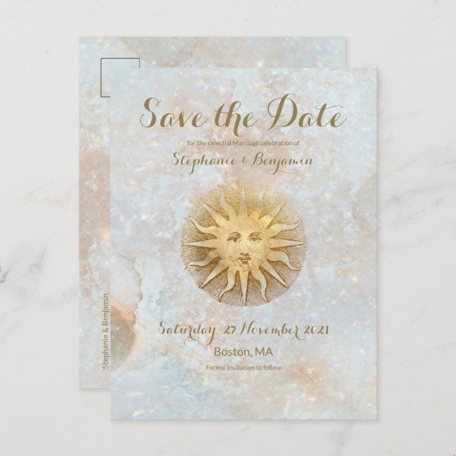 Zodiac Sun Ice Blue Celestial Gold Save the Date Announcement Postcard (Front/Back)