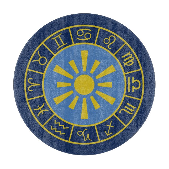 Zodiac Sun Wheel+Astrological Symbols Gold+Blues Cutting Board (Front)