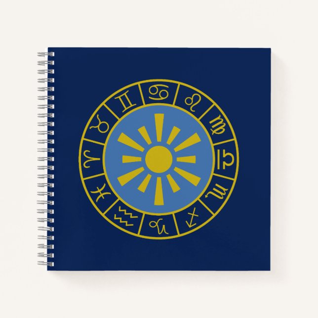Zodiac Sun Wheel+Astrological Symbols Gold+Blues Notebook (Front)