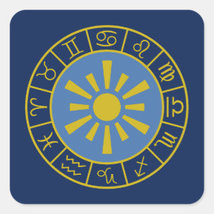Zodiac Sun Wheel+Astrological Symbols Gold+Blues Square Sticker