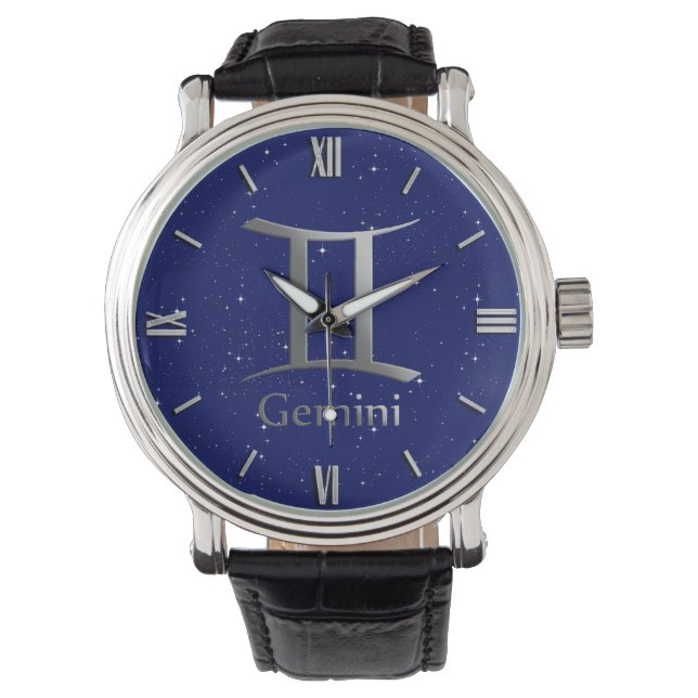 Zodiac Symbol for Gemini on Deep Midnight Blue Watch (Front)