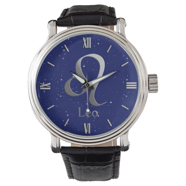 Zodiac Symbol for Leo on Deep Midnight Blue Watch (Front)
