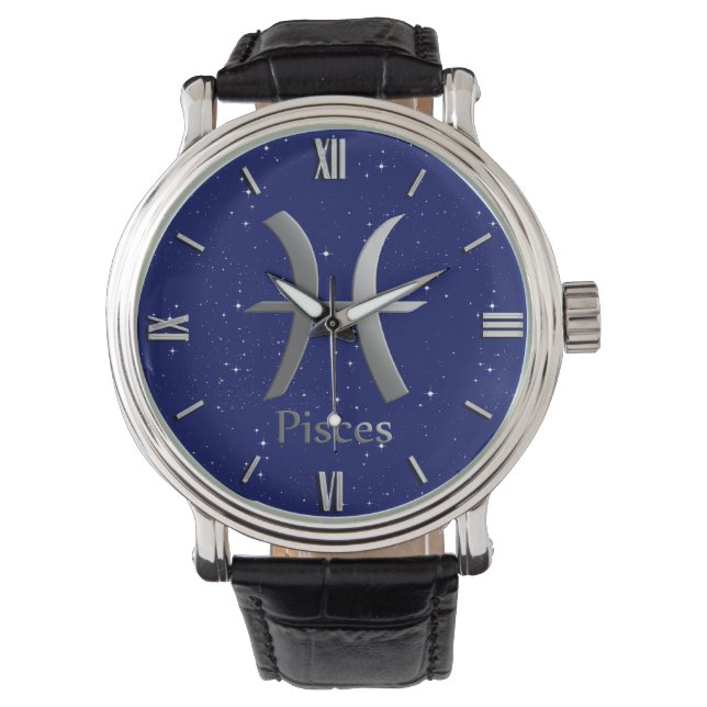 Zodiac Symbol for Pisces on Deep Midnight Blue Watch (Front)