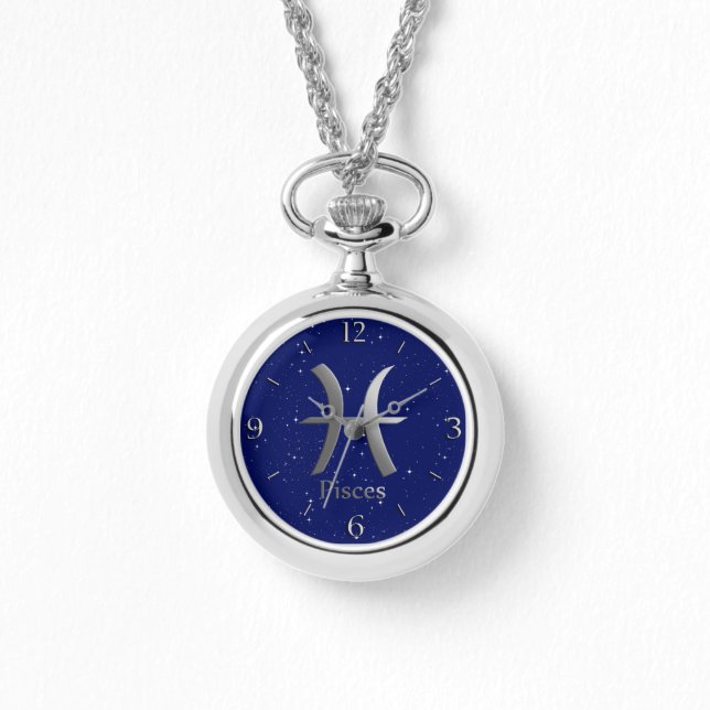Zodiac Symbol for Pisces on Deep Midnight Blue  Watch (Front)