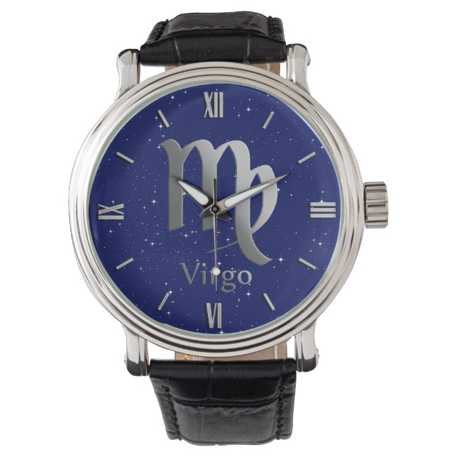 Zodiac Symbol for Virgo on Deep Midnight Blue Watch (Front)
