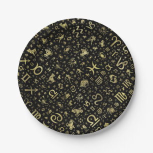 Zodiac symbols and glyphs Gold on black Paper Plate