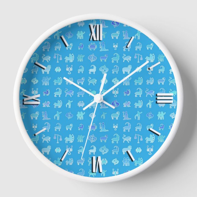 Zodiac symbols, turquoise blue background wall clock (Front)