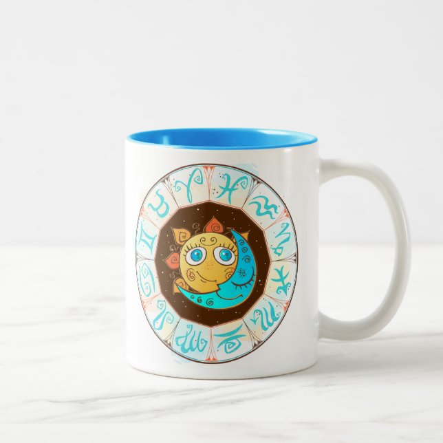 Zodiac symbols with Sun Moon Doodles Two-Tone Coffee Mug (Right)
