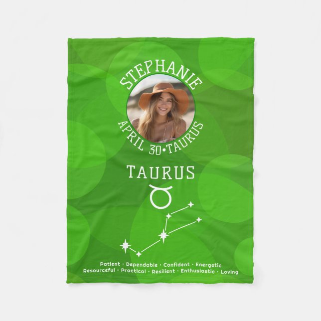 Zodiac Taurus Custom Birthday Photo Astrology Fleece Blanket (Front)