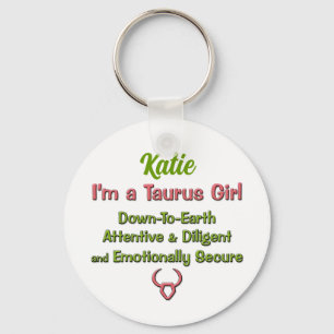 Zodiac Taurus Girl in Pink and Green Key Ring