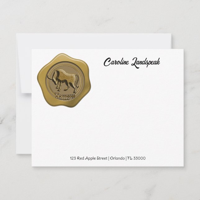 Zodiac Taurus Gold Wax Seal Custom Name, Address Card (Front)