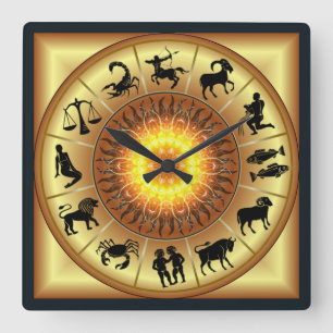 Zodiac~Toasted Sun~Western Astrology~Gold Back~ Square Wall Clock
