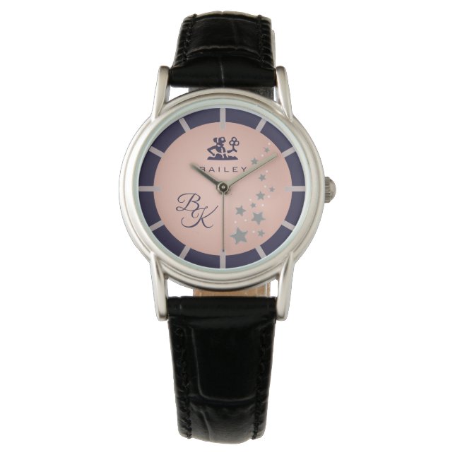 Zodiac Virgo Elegant Rosé Dark Blue Monogrammed Watch (Front)