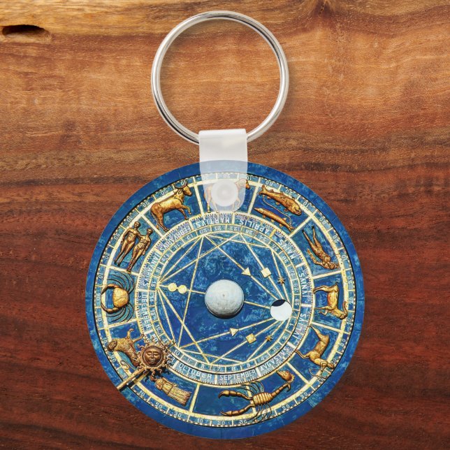 Zodiac Wheel Astrology Celestial Blue Antique Gold Key Ring (Front)