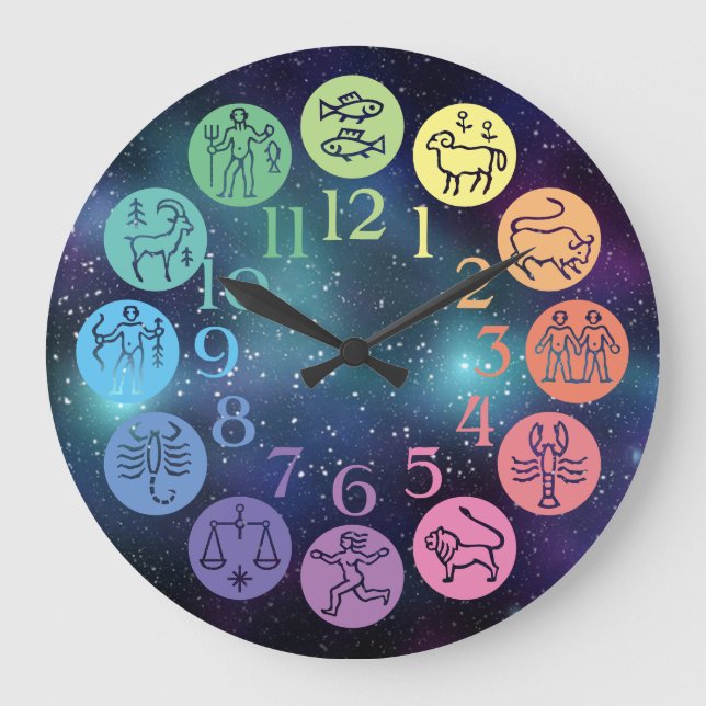 Zodiac Wheel Colourful Horoscope Signs Cosmic Large Clock (Front)