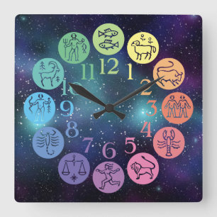 Zodiac Wheel Colourful Horoscope Signs Cosmic Square Wall Clock