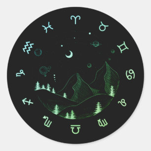 Zodiac Wheel Mountain Landscape   Classic Round Sticker