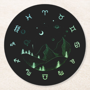 Zodiac Wheel Mountain Landscape  Round Paper Coaster