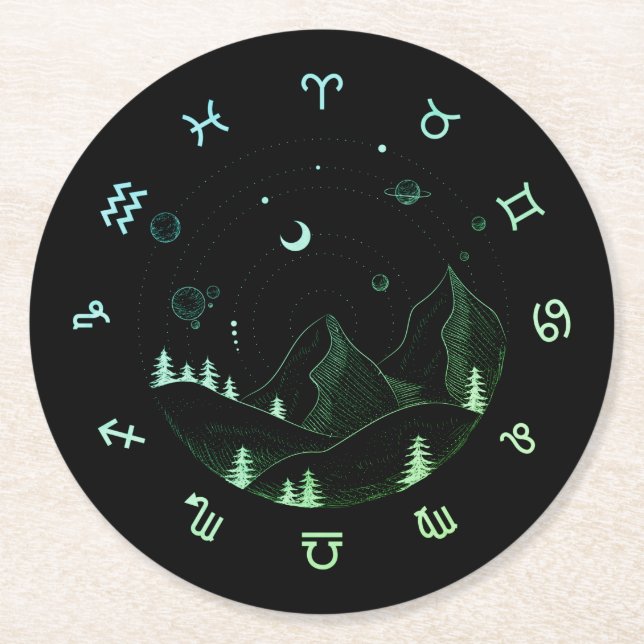 Zodiac Wheel Mountain Landscape  Round Paper Coaster (Front)