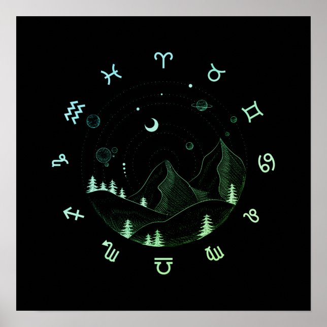 Zodiac Wheel Mountain Landscape Square  Poster (Front)