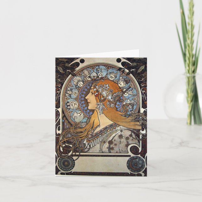 Zodiac Woman by Alphonse Mucha – Art Nouveau Holiday Card (Front)
