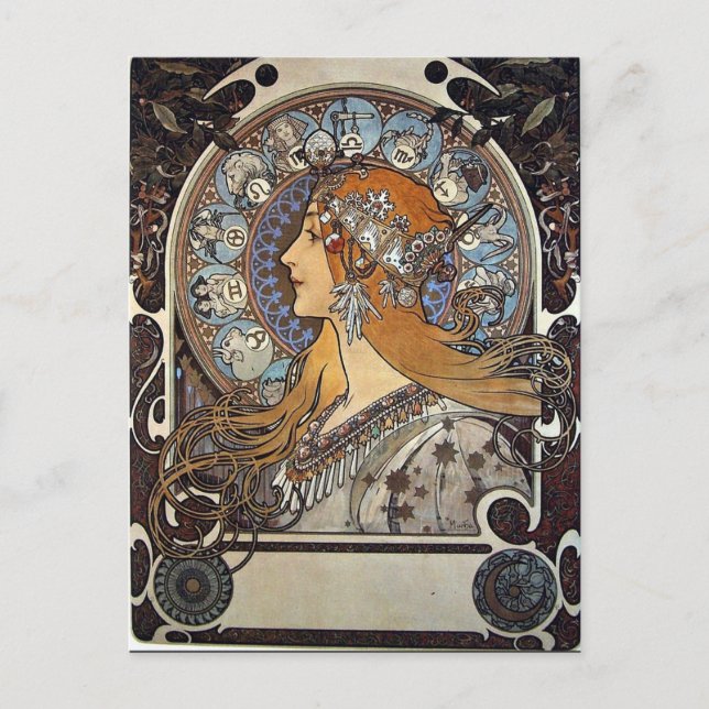 Zodiac Woman by Alphonse Mucha – Art Nouveau Holiday Postcard (Front)