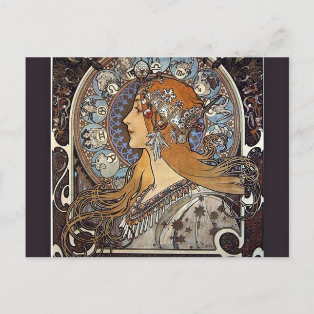 Zodiac Woman by Alphonse Mucha – Vintage Art Postcard (Front)
