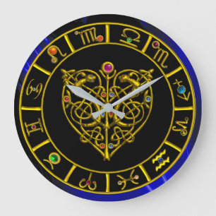 ZODIACAL SIGNS IN BLUE,GOLD ASTRAL HEART Astrology Large Clock