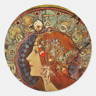 Zodiak Woman by Mucha Classic Round Sticker