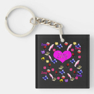 Zoey Name With Butterflies Bunnies Parrots, Key Ring