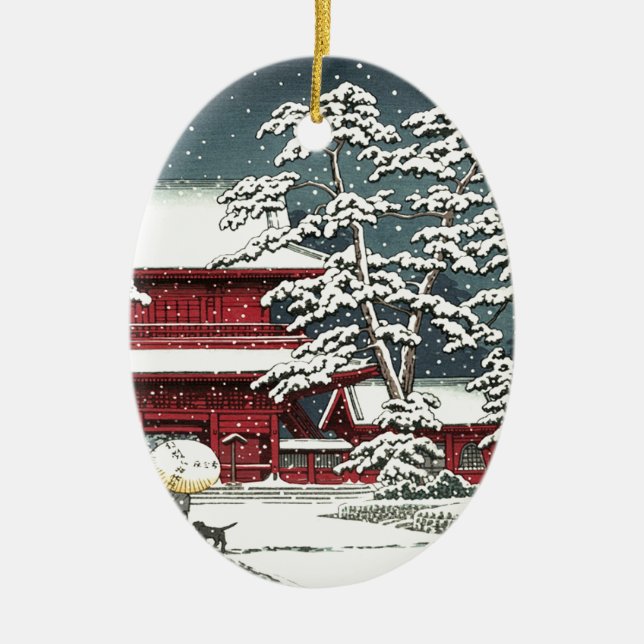 "Zojoji in Snow" by Kawase Hasui 川瀬 巴水 Ceramic Tree Decoration (Front)