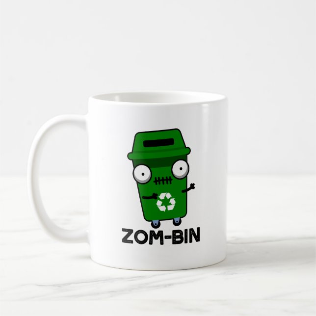 Zom-bin Funny Halloween Zombie Trash Bin Pun Coffee Mug (Left)