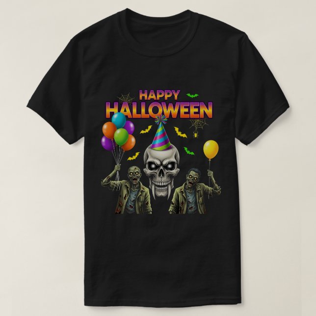 Zombie and Skull Happy Halloween Party T-Shirt (Design Front)