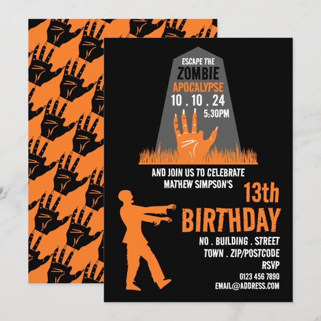 Zombie Apocalypse Theme Escape Room Birthday Party Invitation (Front/Back)
