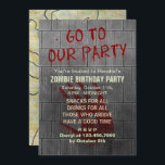 Zombie Birthday Party Undead Apocalypse Blood Text Invitation<br><div class="desc">Throw a zombie - themed birthday party with these creepy invitations. Except for the bloody "Go To Our Party" text dripping down the concrete wall, all text is customisable on these scary invites inspired by the undead. Below your custom text on the grey distressed wall, there is a bloody handprint,...</div>