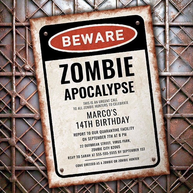 Zombie Birthday party with BEWARE rusty sign Invitation (Creator Uploaded)