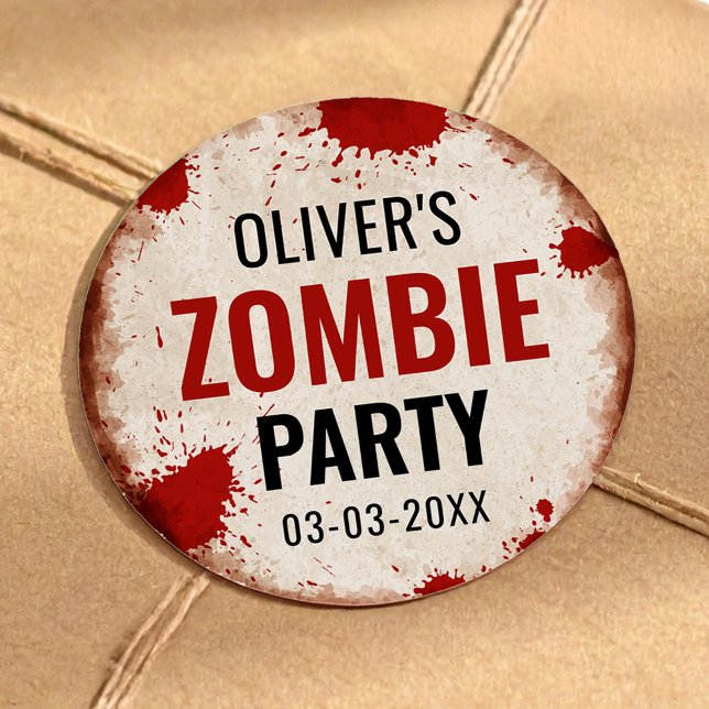 Zombie birthday party with rusty sign and blood classic round sticker (Creator Uploaded)
