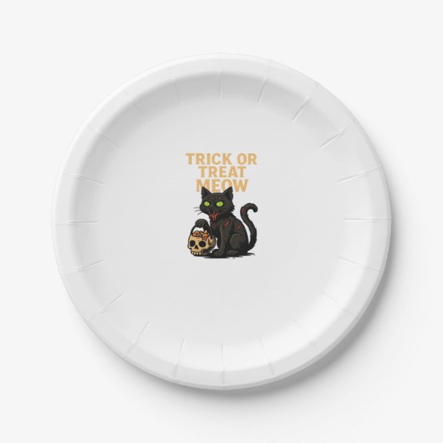 Zombie Cat – Trick or Treat Meow Halloween Design  Paper Plate (Front)